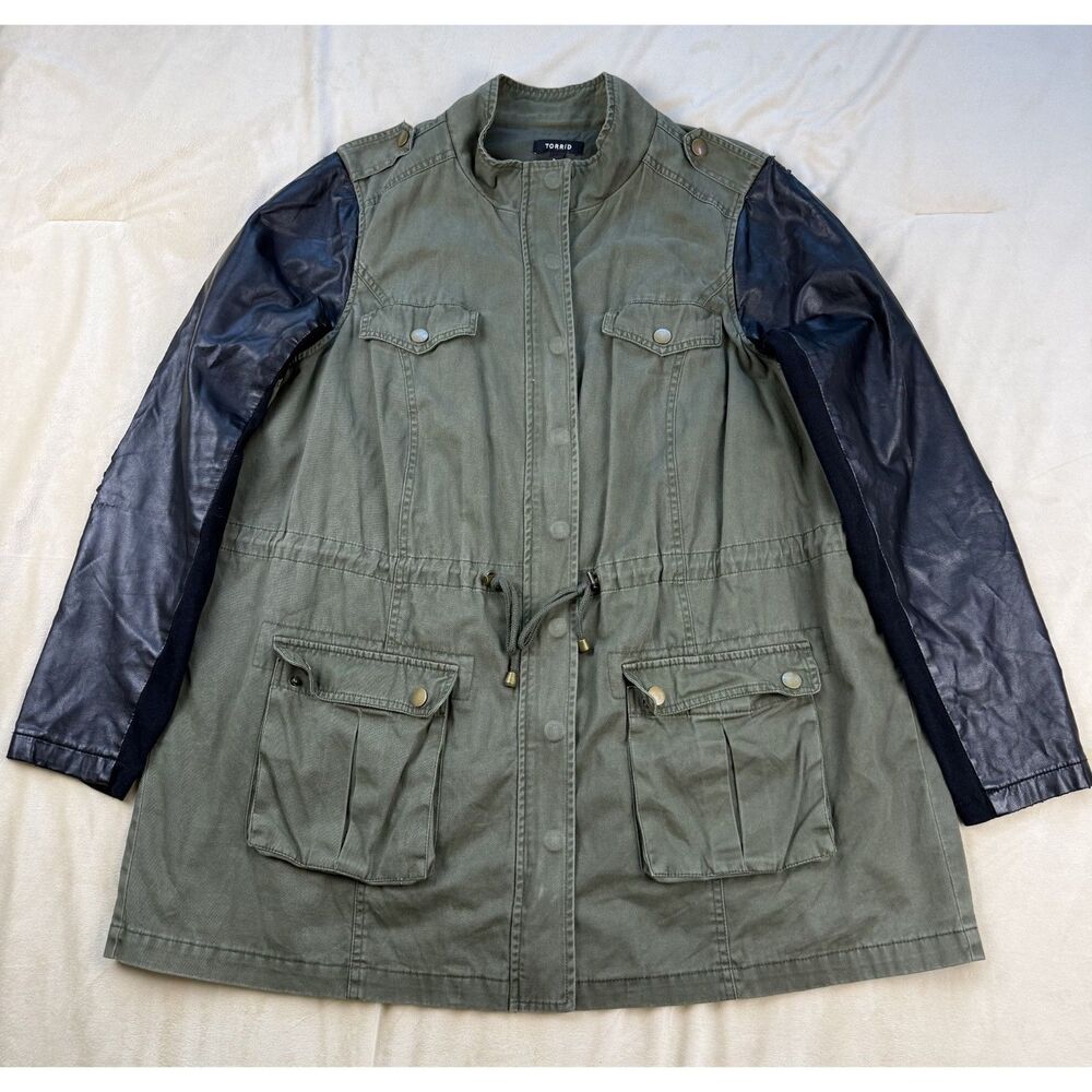 Torrid Women’s Size 2 Olive Green Utility Jacket Black Faux Leather Sleeves